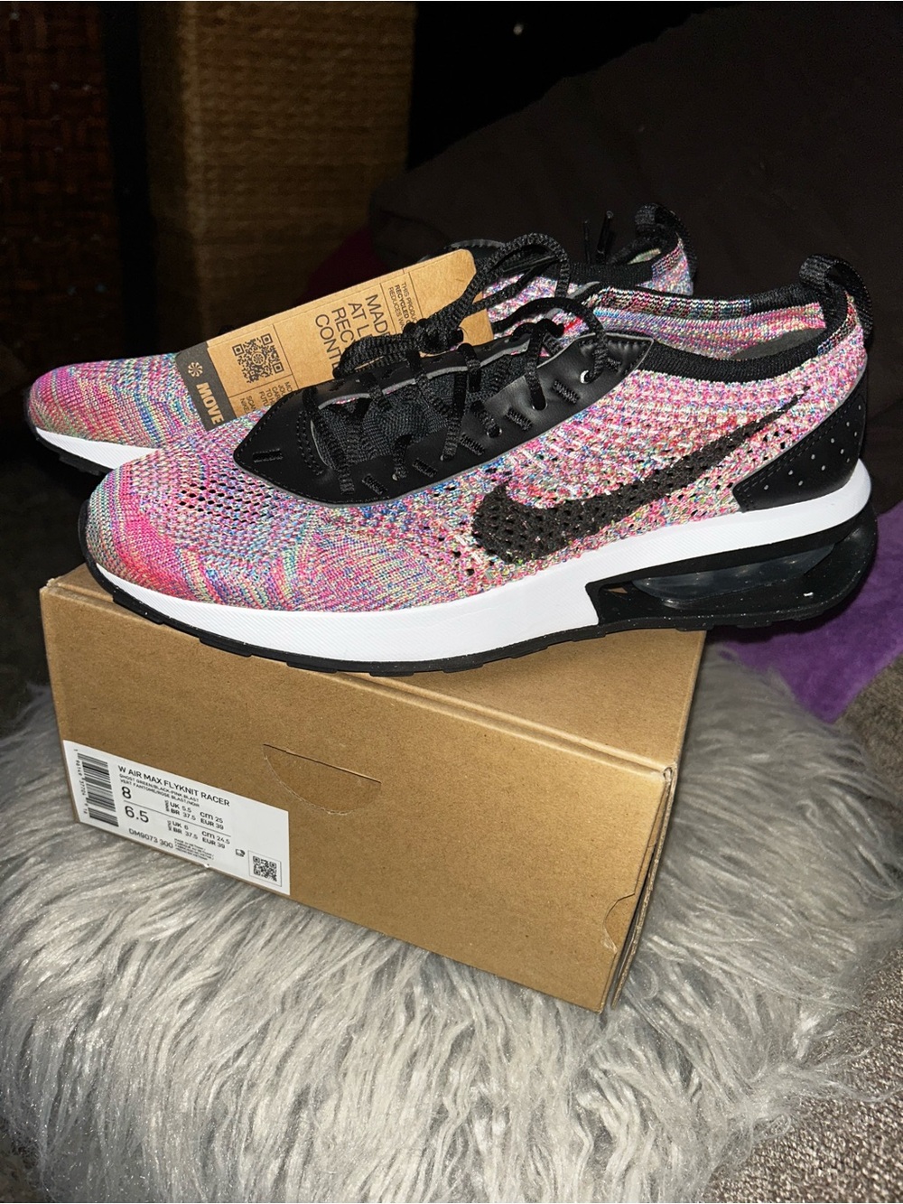 Nike Women’s Flyknit Air Max Racer — Pink Multi with Black Swoosh